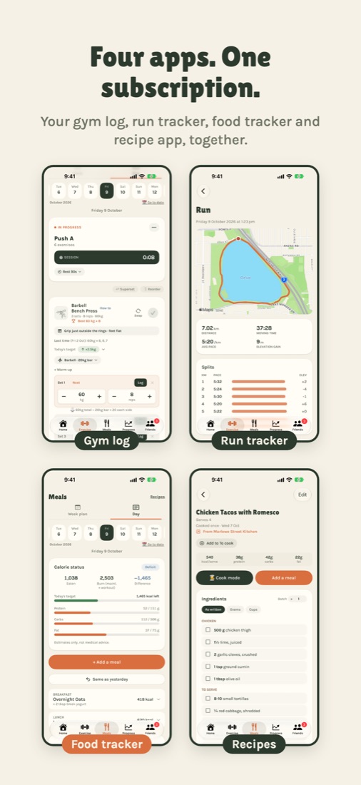 Four apps. One subscription. Your gym log, run tracker, food tracker and recipe app, together.