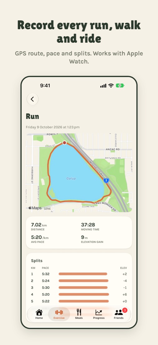 Record every run, walk and ride. GPS route, pace and splits. Works with Apple Watch.