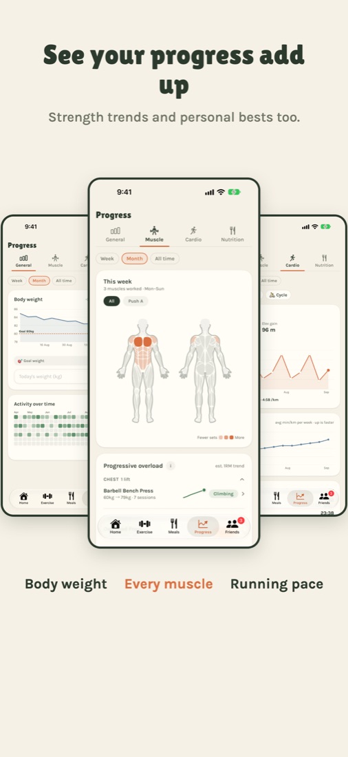 See your progress add up. Body weight, every muscle you trained and running pace, plus strength trends and personal bests.