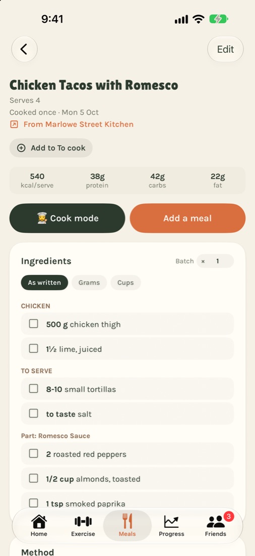 A recipe in Chomp with its macros per serve, ingredients and cook mode