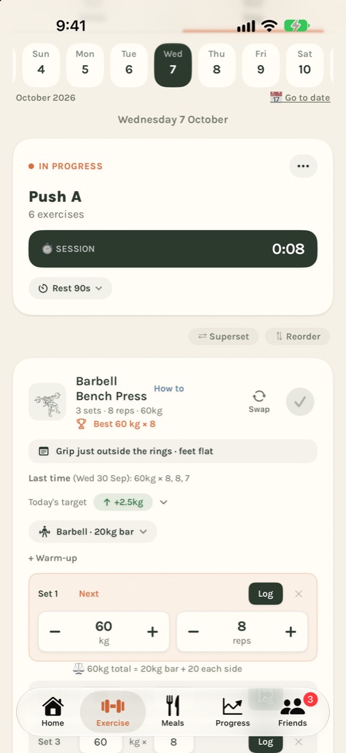 A gym session in Chomp: the bench press card with today's target, last time and plate maths